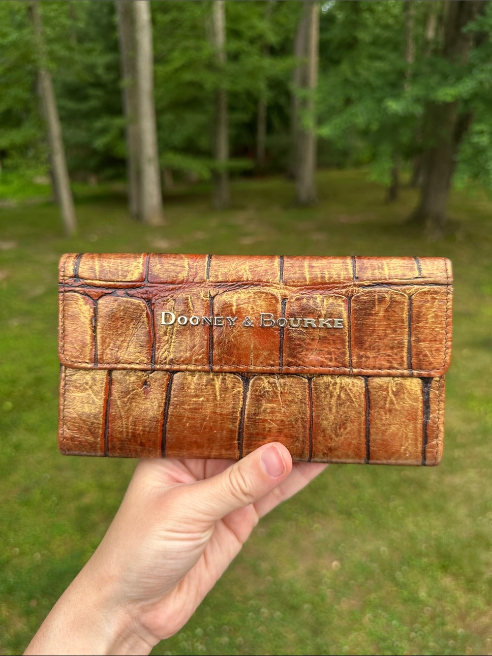 Dooney & Bourke Croc-Embossed Leather Wallet in Distressed Tan and Brown - Picture 1 of 16